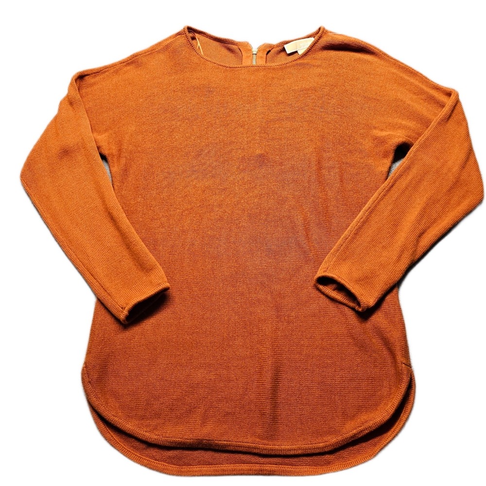 Michael Kors Sweater Womens S Orange Tight-Knit Curved Hem Long Sleeve Back Zip